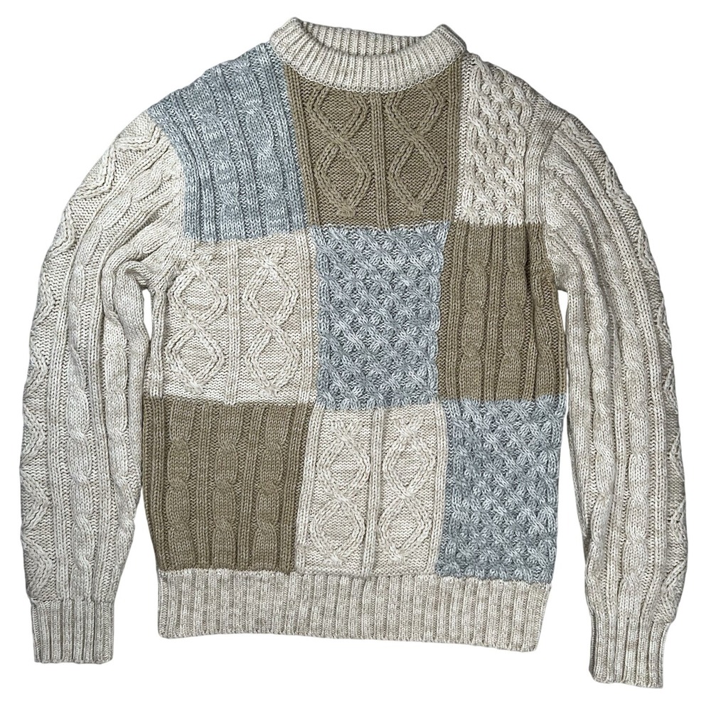 Thane Unisex Chunky Patchwork‎ Cable Knit Sweater Sz Large Fisherman Vintage